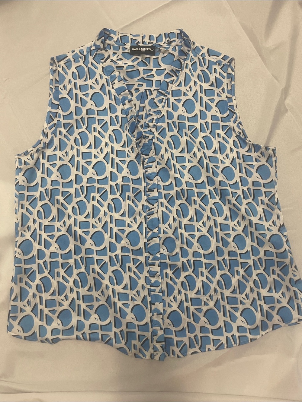 Karl Lagerfeld Light Blue and White Geometric Sleeveless Blouse